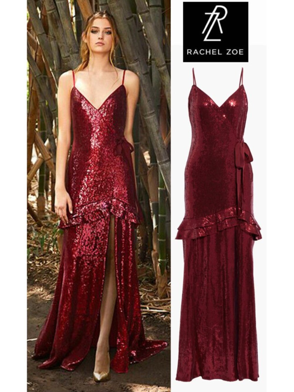 💋UBER STUNNING!💋 RACHEL ZOE 70's VIBE WALKER FRONT SLIT SEQUIN GOWN in MERLOT